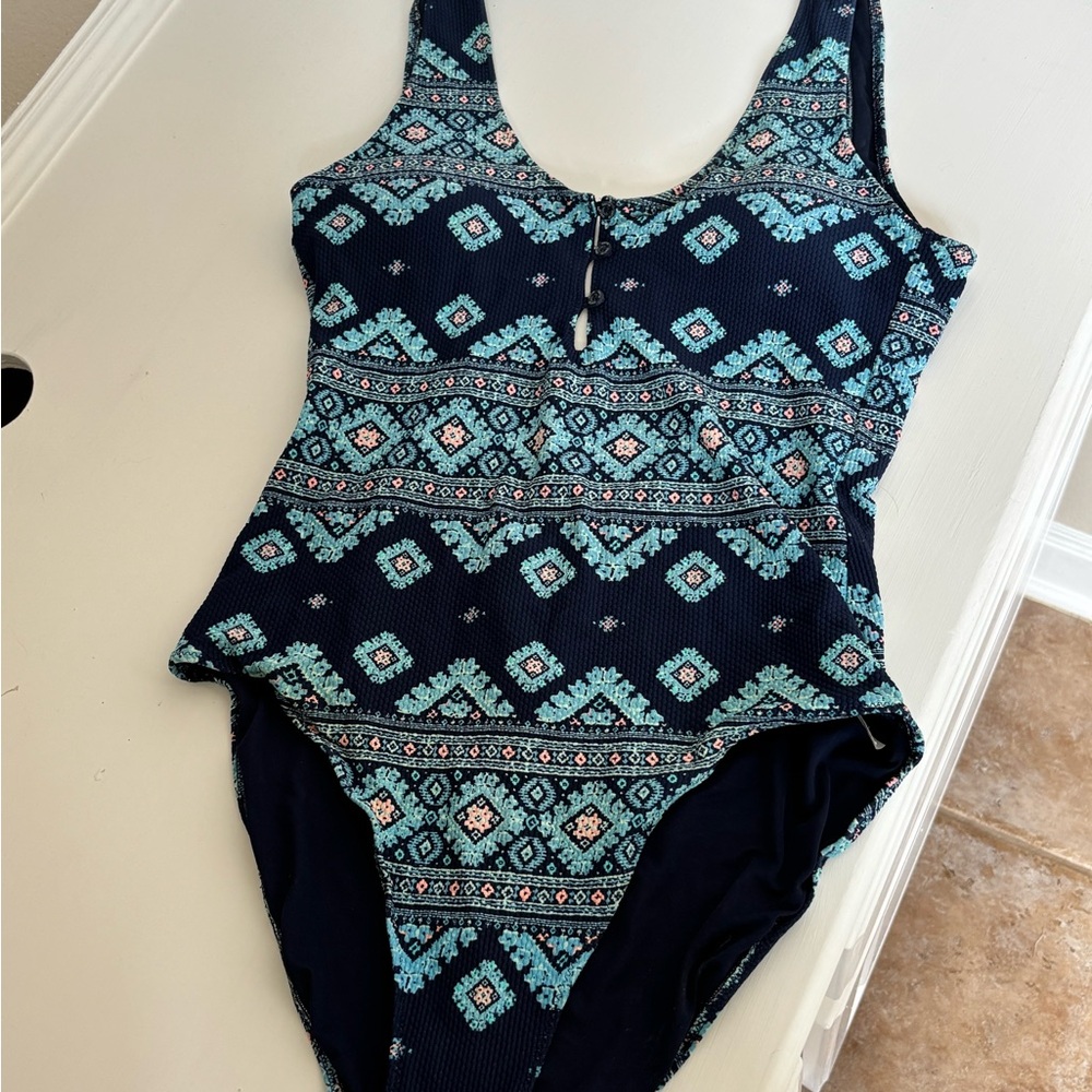 Aerie Padded Navy Blue One Piece Swimwear with Geometric Pattern